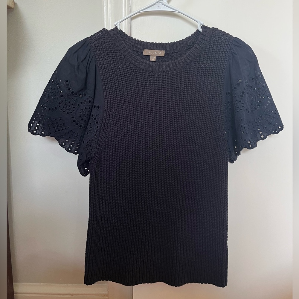 Lilla P Navy Knit Top Eyelet short sleeves
